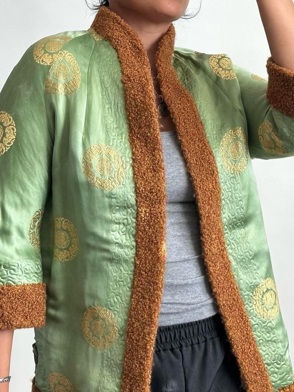 Green and Brown Reversible Teddy Trim Kimono Jacket-XS/S